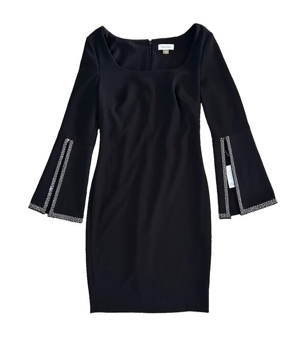 Calvin Klein Dresses & Skirts - NWT Calvin Klein Black Dress Knee Length Size 4 Slit Sleeves Rhinestones Classy